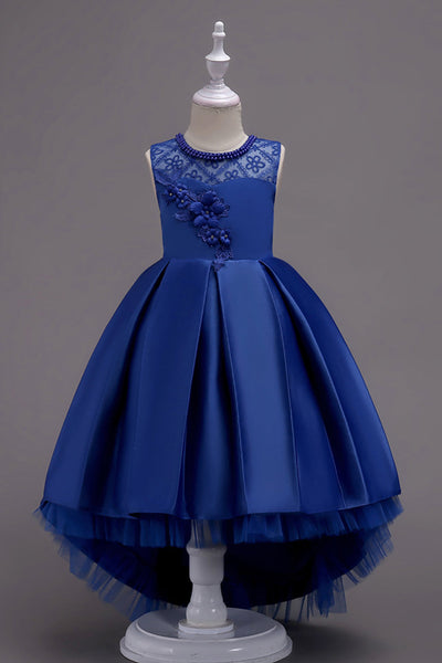 High Low Blue Flower Girl Dress with Beading