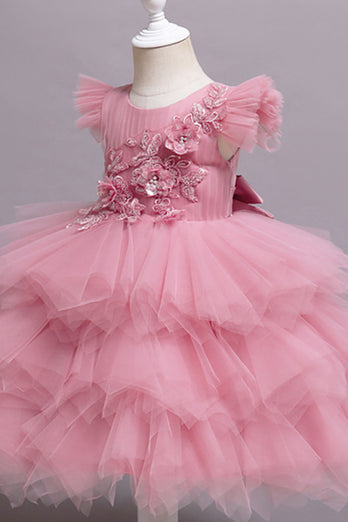 Tiered Tulle Pink Flower Girl Dress with Beading