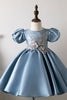 Load image into Gallery viewer, Puff Sleeves Blue Flower Girl Dress with Appliques