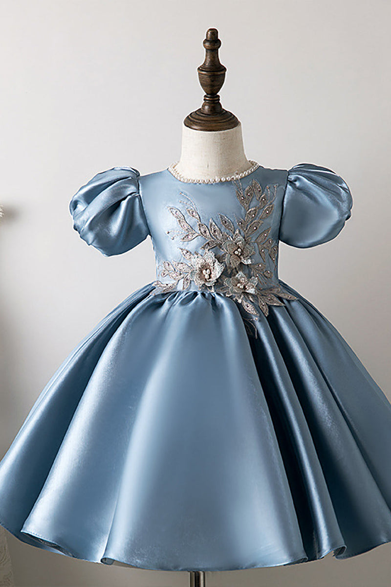 Load image into Gallery viewer, Puff Sleeves Blue Flower Girl Dress with Appliques