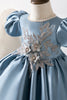 Load image into Gallery viewer, Puff Sleeves Blue Flower Girl Dress with Appliques