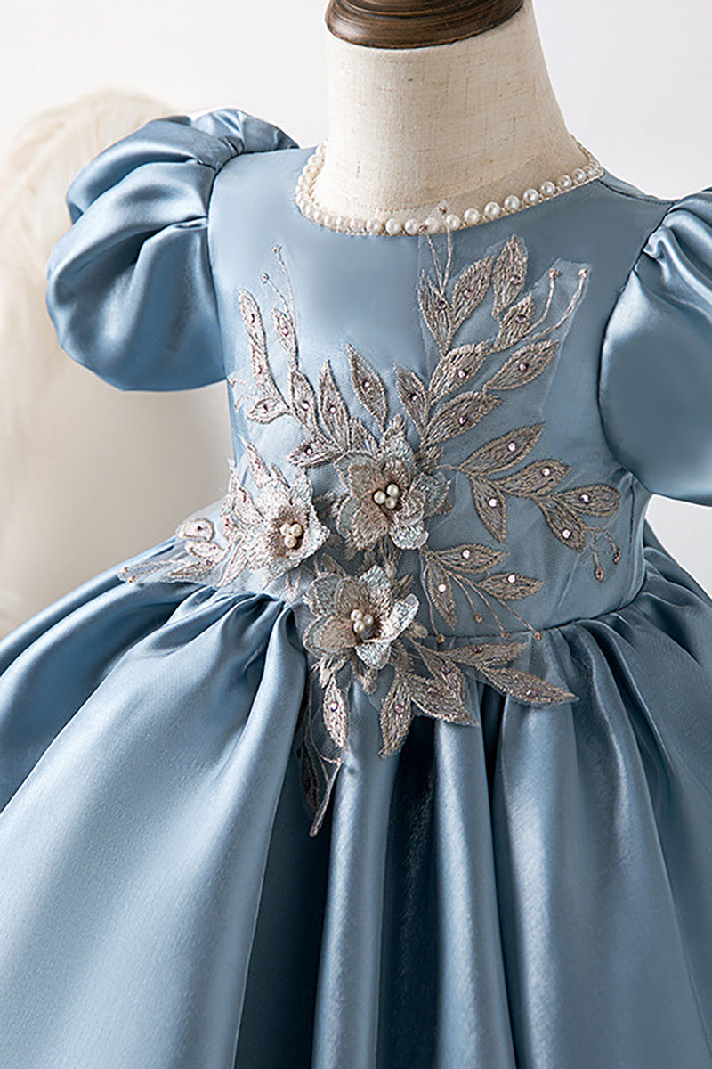 Load image into Gallery viewer, Puff Sleeves Blue Flower Girl Dress with Appliques