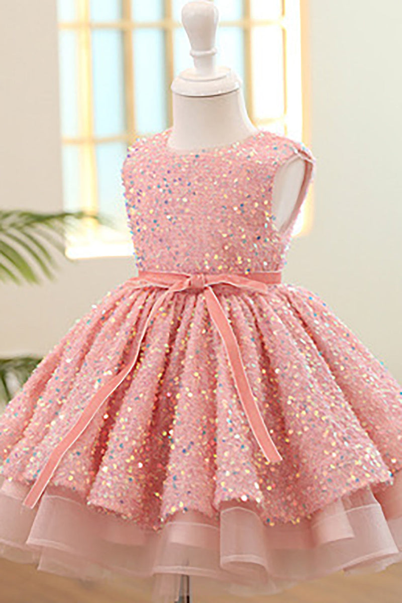 Load image into Gallery viewer, Sparkly Boat Neck Pink Flower Girl Dress