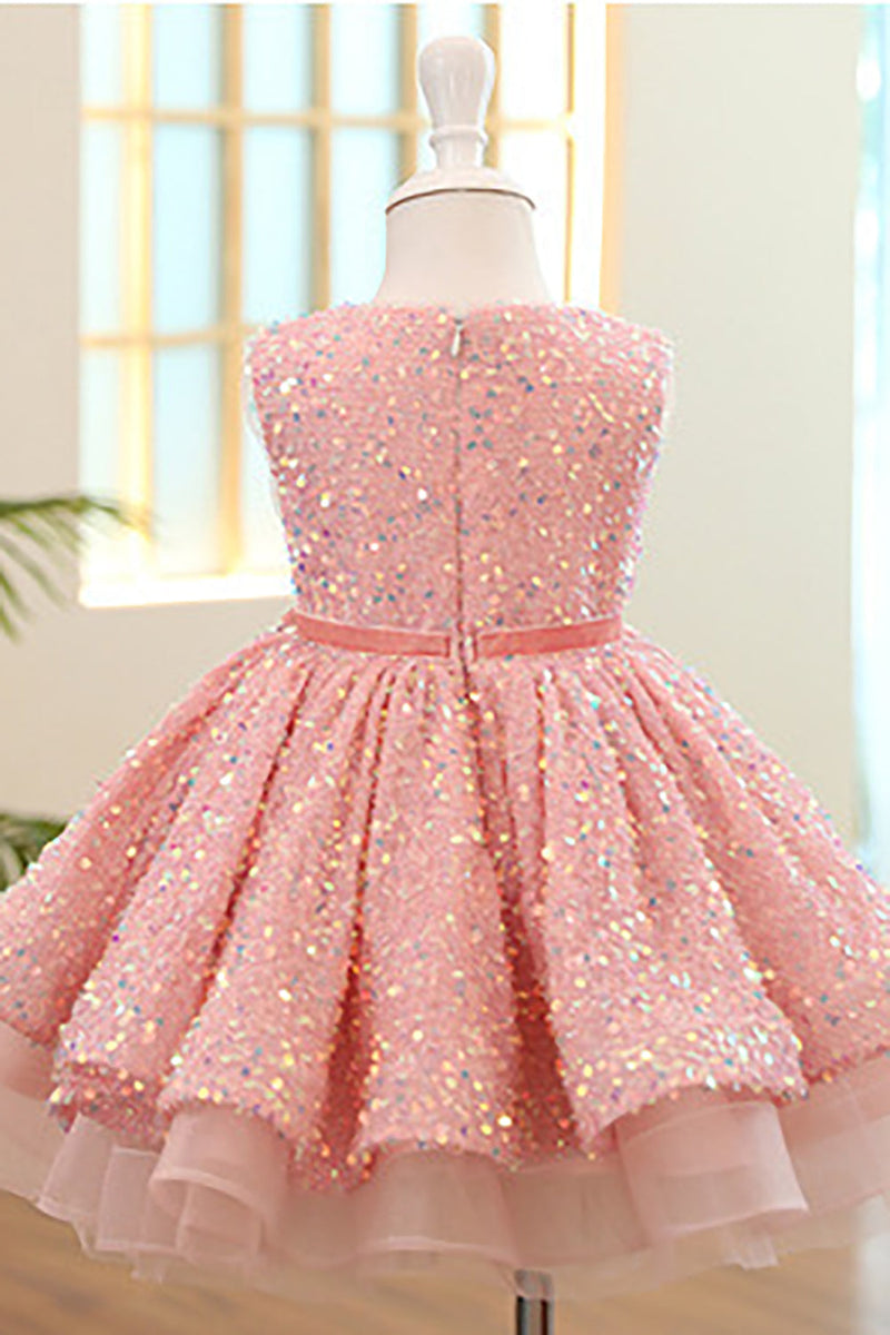 Load image into Gallery viewer, Sparkly Boat Neck Pink Flower Girl Dress