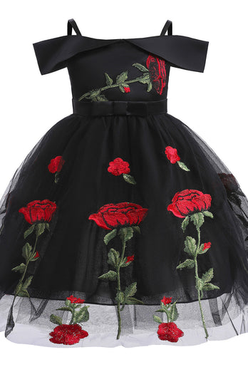 Cold Shoulder Black Flower Girl Dress with Embroidery