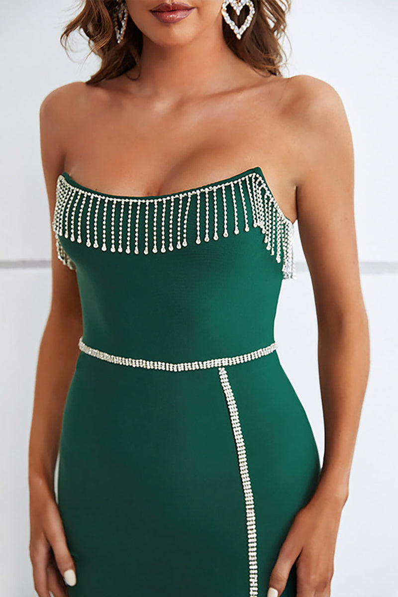 Load image into Gallery viewer, Dark Green Strapless Semi Prom Dress with Slit