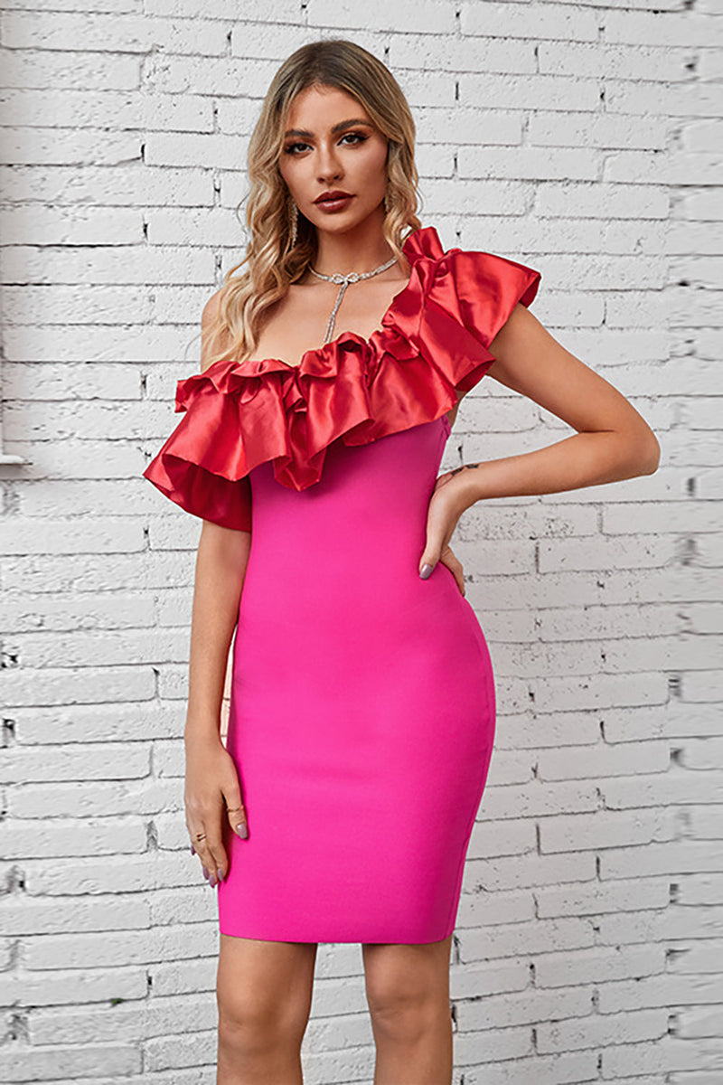 Load image into Gallery viewer, Hot Pink One Shoulder Cocktail Dress with Ruffles