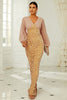 Load image into Gallery viewer, Long Sleeves Golden Sequins Mother of the Bride Dress
