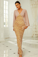 Load image into Gallery viewer, Long Sleeves Golden Sequins Mother of the Bride Dress