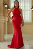 Load image into Gallery viewer, Red Mermaid Halter Open Back Long Prom Dress With Ruffles