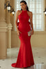 Load image into Gallery viewer, Red Mermaid Halter Open Back Long Prom Dress With Ruffles