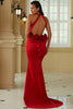 Load image into Gallery viewer, Red Mermaid Halter Open Back Long Prom Dress With Ruffles