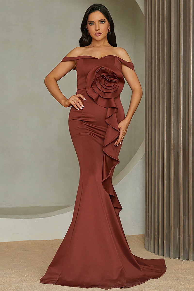 Load image into Gallery viewer, Mermaid Red Off the Shoulder Long Prom Dress With Ruffles
