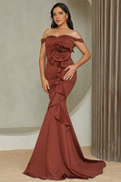 Load image into Gallery viewer, Mermaid Red Off the Shoulder Long Prom Dress With Ruffles