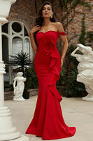 Load image into Gallery viewer, Mermaid Red Off the Shoulder Long Prom Dress With Ruffles