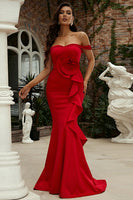 Load image into Gallery viewer, Mermaid Red Off the Shoulder Long Prom Dress With Ruffles