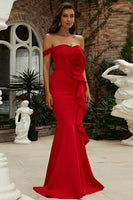 Load image into Gallery viewer, Mermaid Red Off the Shoulder Long Prom Dress With Ruffles