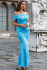 Load image into Gallery viewer, Light Blue Off the Shoulder Mermaid Long Prom Dress