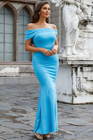 Load image into Gallery viewer, Light Blue Off the Shoulder Mermaid Long Prom Dress