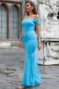 Load image into Gallery viewer, Light Blue Off the Shoulder Mermaid Long Prom Dress