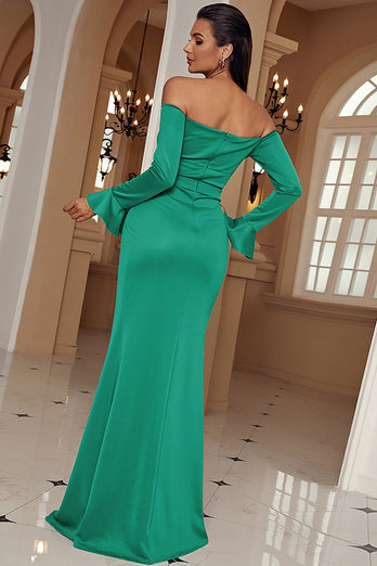 Green Off the Shoulder Sheath Long Prom Dress With Slit