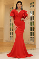 Load image into Gallery viewer, Red V-Neck Mermaid Flutter Sleeves Long Prom Dress
