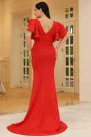 Load image into Gallery viewer, Red V-Neck Mermaid Flutter Sleeves Long Prom Dress