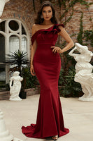 Load image into Gallery viewer, Burgundy One Shoulder Mermaid Long Prom Dress With Ruffles
