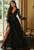 Load image into Gallery viewer, Black A-Line Sparkly V-Neck Prom Dress With Slit