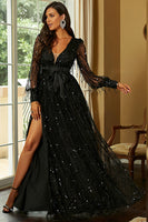 Load image into Gallery viewer, Black A-Line Sparkly V-Neck Prom Dress With Slit