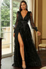 Load image into Gallery viewer, Black A-Line Sparkly V-Neck Prom Dress With Slit