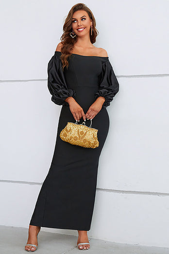 Mermaid Off The Shoulder Black Prom Dress with Puff Sleeves