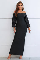 Load image into Gallery viewer, Mermaid Off The Shoulder Black Prom Dress with Puff Sleeves