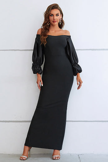 Mermaid Off The Shoulder Black Prom Dress with Puff Sleeves