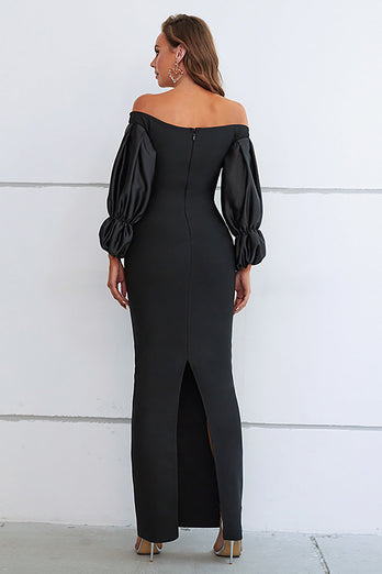Mermaid Off The Shoulder Black Prom Dress with Puff Sleeves
