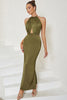 Load image into Gallery viewer, Mermaid Halter Backless Olive Party Dress