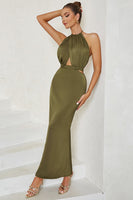 Load image into Gallery viewer, Mermaid Halter Backless Olive Party Dress