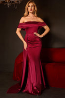 Load image into Gallery viewer, Mermaid Off The Shoulder Burgundy Prom Dress with Ruffles