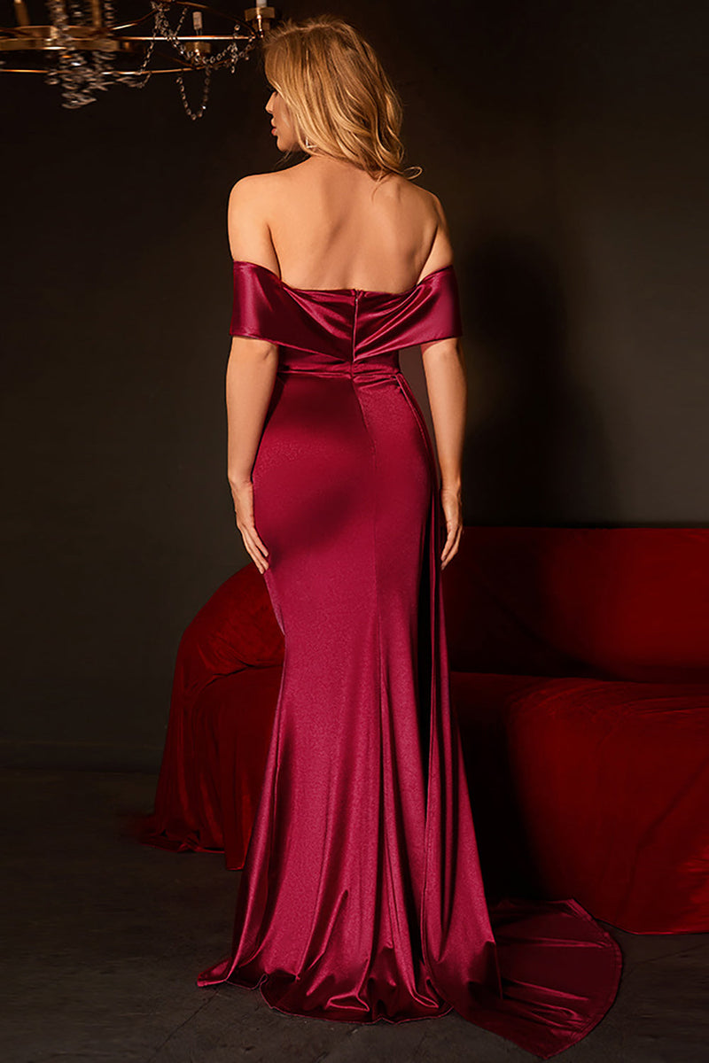Load image into Gallery viewer, Mermaid Off The Shoulder Burgundy Prom Dress with Ruffles