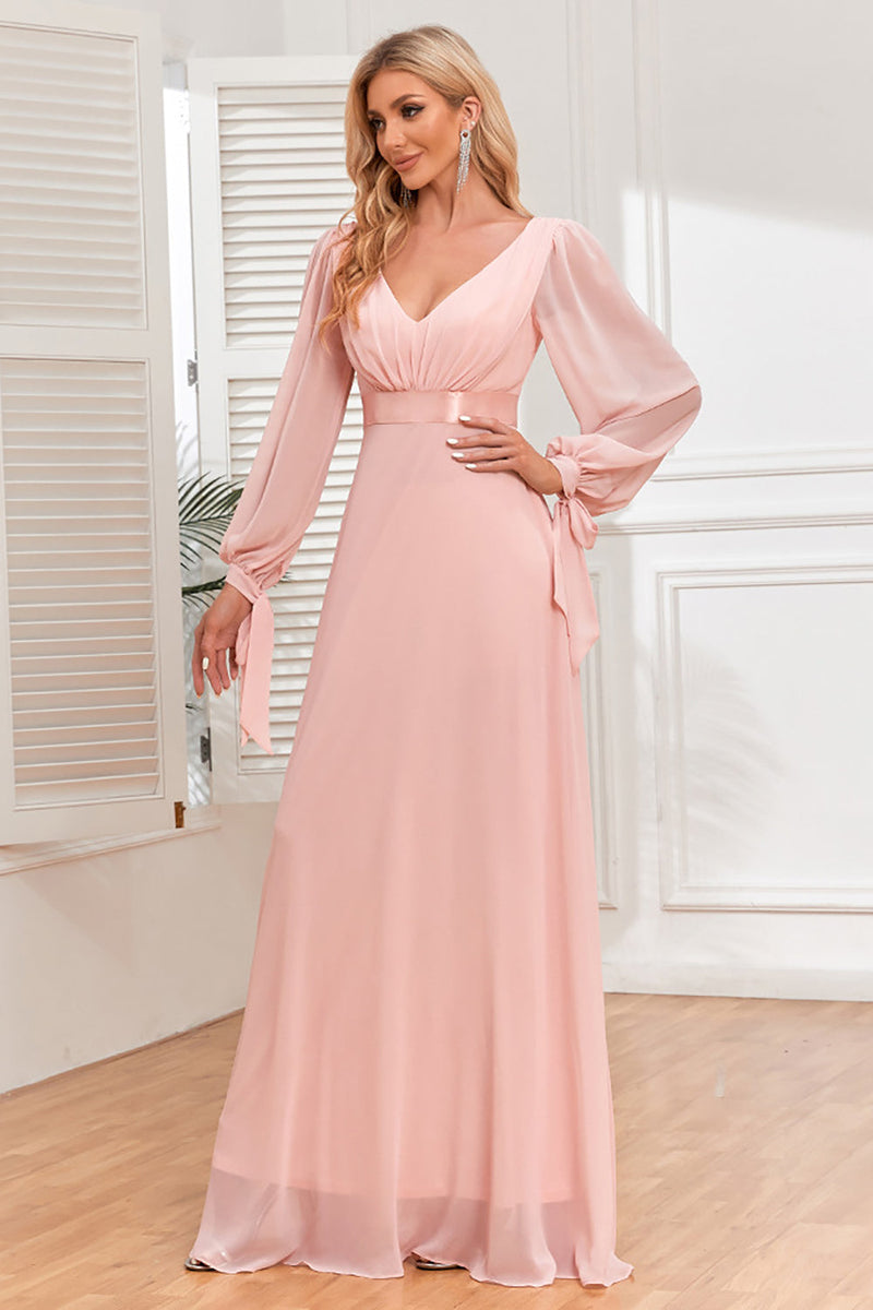 Load image into Gallery viewer, Chiffon V-Neck Blush Formal Dress with Long Sleeves