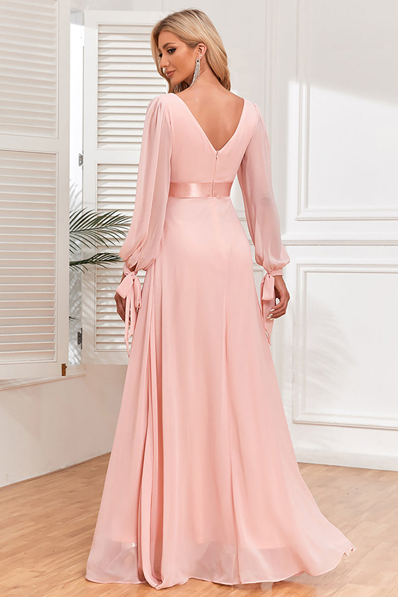 Load image into Gallery viewer, Chiffon V-Neck Blush Formal Dress with Long Sleeves