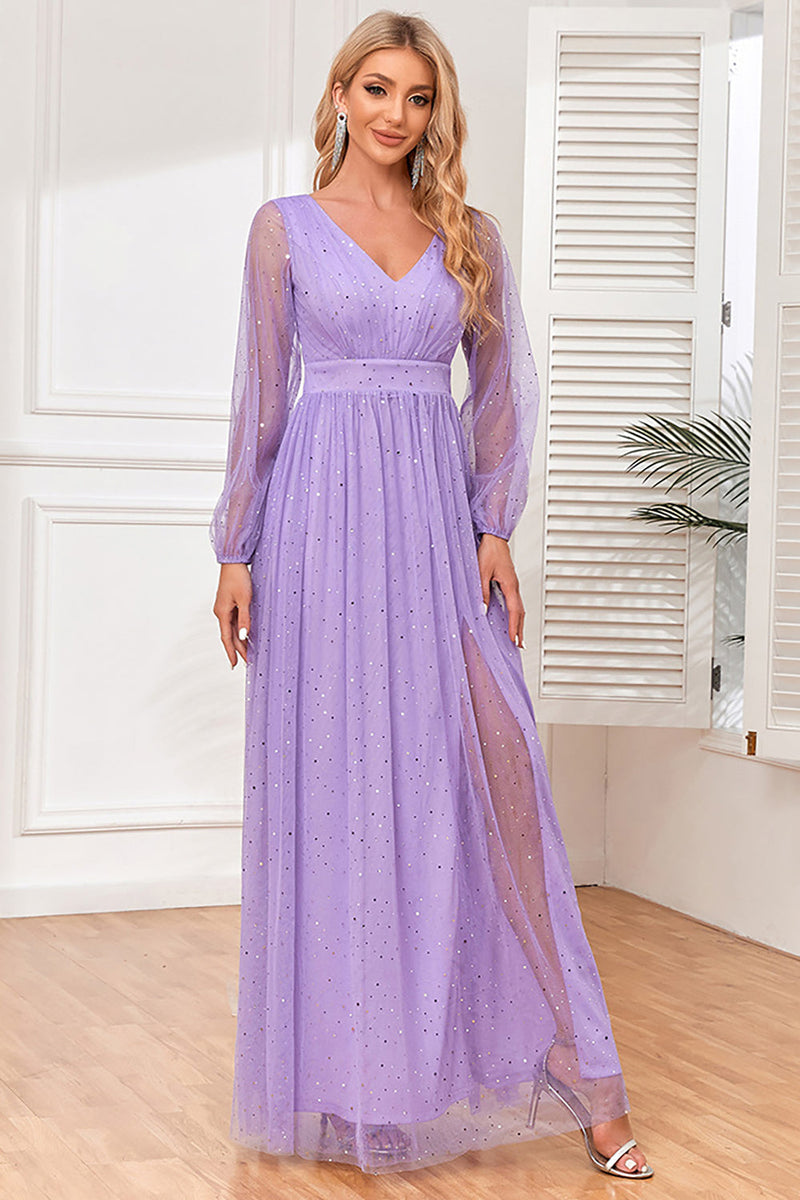 Load image into Gallery viewer, A-Line Long Sleeves Lilac Formal Dress with Slit