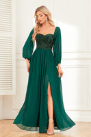 Load image into Gallery viewer, Sparkly Sweetheart Long Sleeves Pine Formal Dress with Sequins