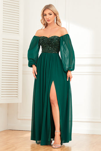 Sparkly Sweetheart Long Sleeves Pine Formal Dress with Sequins