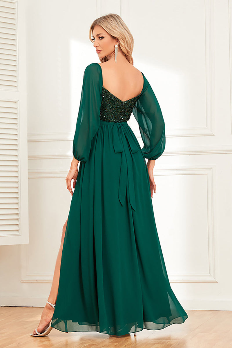 Load image into Gallery viewer, Sparkly Sweetheart Long Sleeves Pine Formal Dress with Sequins