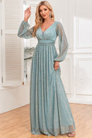 Load image into Gallery viewer, A-Line Sequins Blue Formal Dress with Long Sleeves