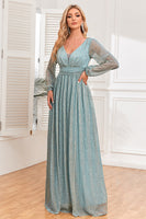 Load image into Gallery viewer, A-Line Sequins Blue Formal Dress with Long Sleeves