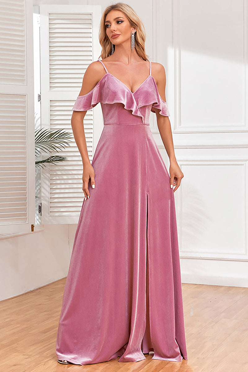 Load image into Gallery viewer, Velvet Cold Shoulder Dusty Rose Formal Dress with Slit