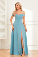 Load image into Gallery viewer, A-Line Cold Shoulder Blue Formal Dress with Slit