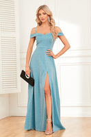 Load image into Gallery viewer, A-Line Cold Shoulder Blue Formal Dress with Slit